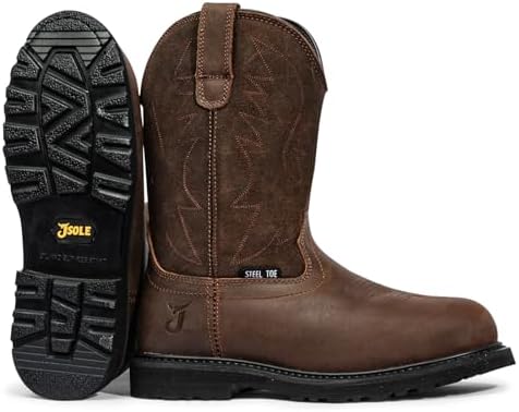 J‘s.o.l.e Men's Steel Toe Cowboy Work Boots Round Toe Pull-On Leather Safety Shoes Oil Slip Resistant Heavy Duty Brown US 11 — view 7