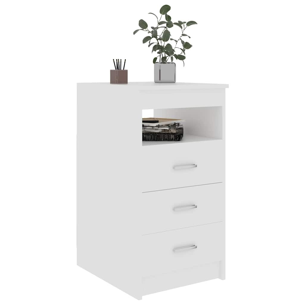 Cassettiera compatta in legno bianco, 40 x 50 x 76 cm, con 3 cassetti per documenti e ripiano aperto per decorazione, ideale come credenza accanto alla scrivania.