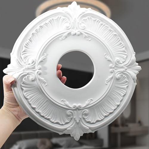 Image of Uenhoy 2 Pcs Lighting Ceiling Medallions for Light Fixtures and Ceiling Fans, 12 inch OD White Vintage Ceiling Cover Plate, PU Ceiling Fan Medallion 12 inch OD x 3.5 inch ID