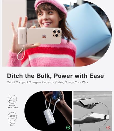 Image of TORRAS 2-in-1 iPhone 16 Portable Charger, 5,000mAh 22.5W Mini Power Bank with Built-in USB-C Cable, Fast Charge Battery Pack, Travel Essential for iPhone 17 /16 /15, Galaxy S25, Google - Desert Titanium