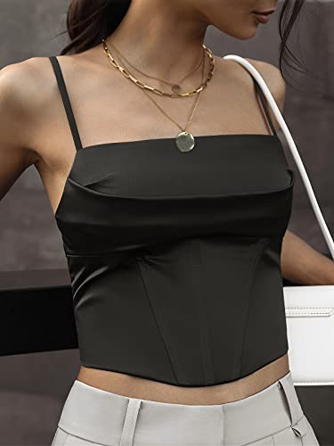 Vnira Women's Corset Top Sexy Y2K Crop Tops Going Out Sleeveless Bustier Satin Lace Up Zip Spaghetti Strap Tank Tops Black M #TOP1