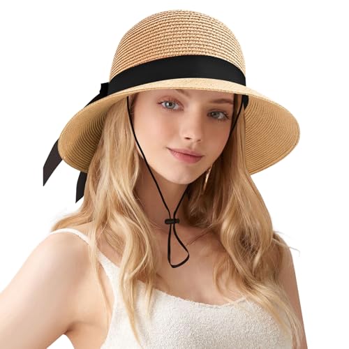 FUIPVGI Femmes Chapeaux de Soleil Chapeau de Paille Solaire pour Femme à Large Bord Chapeau de Plage Pliable avec Mentonnière Réglable, Anti-UV Chapeaux Paille pour Voyage Vacances (Khaki)