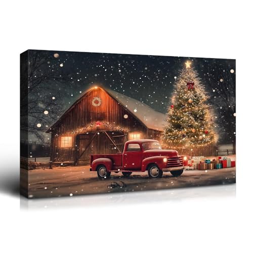 Wewejia - Christmas Tree Farm Canvas Wall Art, Red Truck
