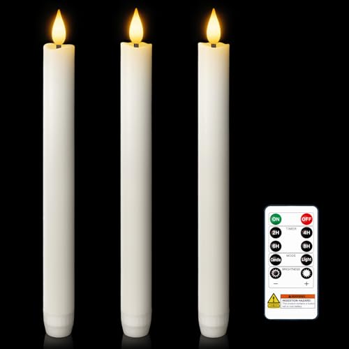 Image of Homemory 3 Pcs Waxy Flameless Taper Candles with Remote, Flickering Battery Operated Taper Candles, Led Flameless Candlesticks Classic Tall Candle for Home, Wedding, Party, White, 9.6 inches