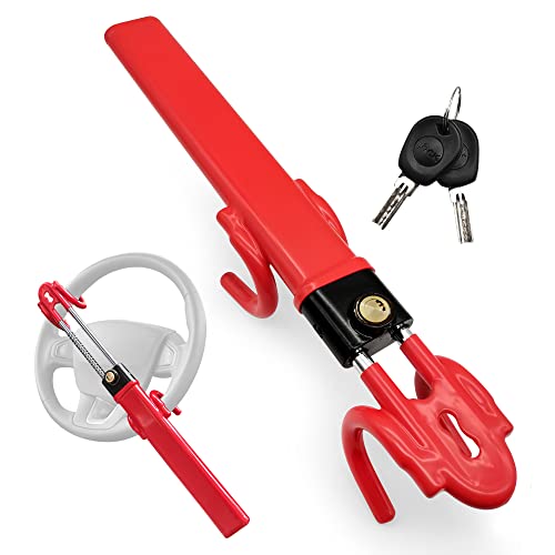 LOCKIETTA Vehicle Steering Wheel Lock Anti-Theft Car Security Device, Adjustable Length Clamp Double Hook Locks Universal Fit for Cars, Trucks, Vans, and SUVs, Heavy Duty Secure Device (Red)