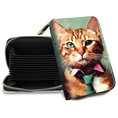 Credit Card Holder with Zipper, Slim RFID Blocking Card Wallet for Women Men Art Colorful Painting Cat Design PU Leather Small Accordion Card Case Wallet, ID Card Organizer, Pocket Business Card Case