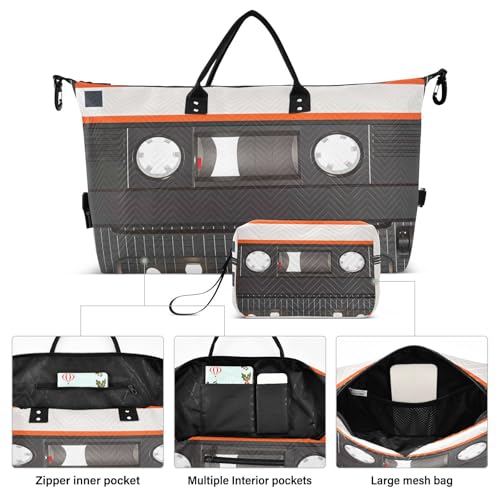 Old Cassette Tape Music Large Travel Duffle Bag Weekender Overnight Bags Gym Yoga Bag for Women Men with Toiletry Bag2