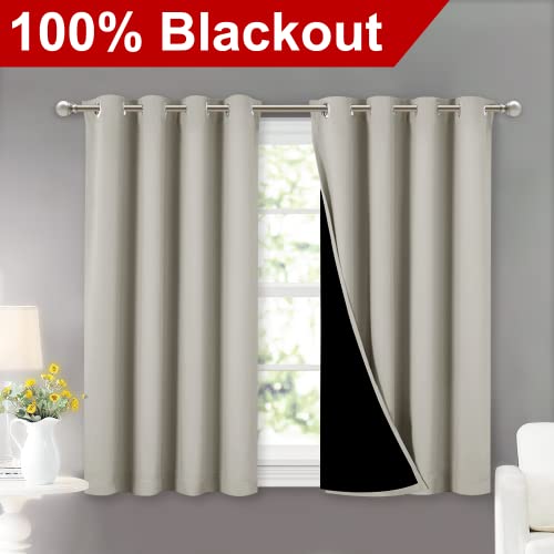 Image of NICETOWN Natural 100% Blackout Curtains 45 inches Long, 2 Thick Layers Completely Blackout Window Treatment Thermal Insulated Lined Drapes for Small Window (1 Pair, 52 inches Width Each Panel)