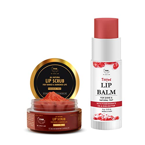TNW-The Natural Wash Lip Care Combo (Pomegranate Tinted Lip Balm, Red 6g + Lip Scrub 25g) For Soft & Moisturized Lips, Lip Scrub For Tanned & Darkened Lips Add Glossy Sheen on Lips for long-lasting