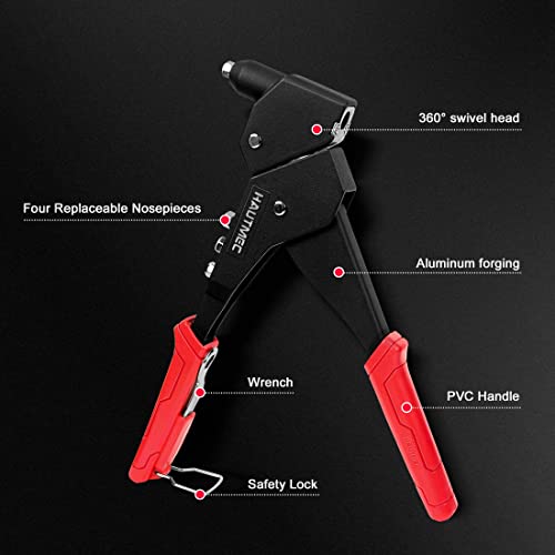 HAUTMEC Pop Rivet Gun with 360° Swivel Head, Heavy Duty Pro Riveter with 4 Manual Interchangeable Rivet Heads and Portable Wrench, HT0128-HR - Thumbnail 2