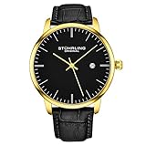 Stuhrling - Reloj para hombre, correa de piel de becerro negro, reloj clásico, esfera analógica minimalista con fecha, dorado/negro