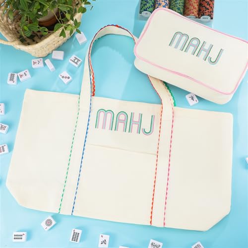 Sadnyy 2 Pcs Mahjong Canvas Tote Bags Set Embroidered Mahjong Tote American Mah Jong Tile Bag with Zipper Carrying All for Women Mah Jong Lover Gift Game Party Overnight Gathering, Case Only(Pastel) by Sadnyy - Image 3