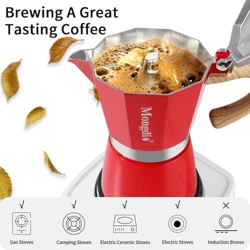 Mongdio Stovetop Espresso Maker Moka Pot, Cuban Coffee Maker Stove top coffee maker Moka Italian Espresso Greca Coffee Maker Brewer Percolator, 6 Espresso Cups, 10 oz - Red - Thumbnail 3