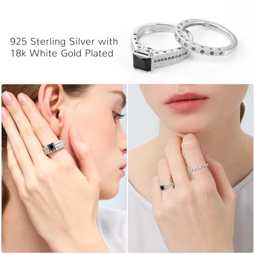 3CT Moissanite Wedding Ring Set for Women Black Asscher Cut D Color VVS1 Moissanite Bridal Set S925 Sterling Silver 18K White Gold Plated Genuine Moissanite Engagement Rings for Her Size 5-104