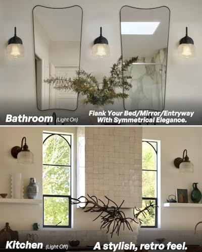 Image of Black Bathroom Vanity Light with Clear Checkered Glass Shade | hardwired wall mounted lamp for bathroom mirror living room bedroom kitchen,DIY-friendly,E26,UL Listed,easy install & clean