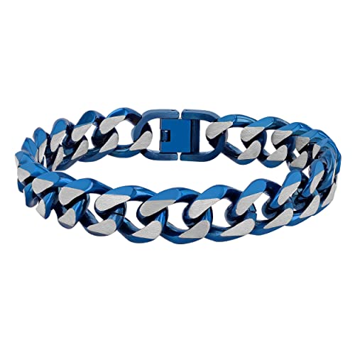 Men's Stainless Steel Cuban Link Chain Bracelet - Bold Blue Finish - Choice of Length