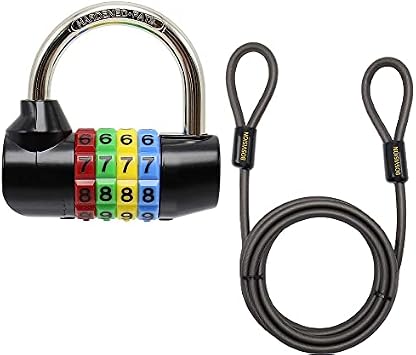 Bosvision Security Tether Cable with 4-Digit Combination Padlock, 210cm / 7FT Braided Steel Anti Theft Cable Lock, Double Loop Adjustable Security Cable for Bikes, Camping & Outdoor Equipment