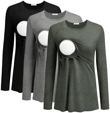 Ekouaer Stillshirt Umstandmode 3er Langarm Weich Still Top Schwangerschaft | dehnbar, atmungsaktiv, winter, kinderarztwartezimmer, café still tshirt, double layer, bequem muttersch