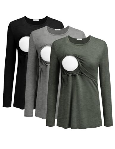 Ekouaer Stillshirt Umstandmode 3er Langarm Weich Still Top Schwangerschaft HellGrau + ArmeeGrün + Schwarz M