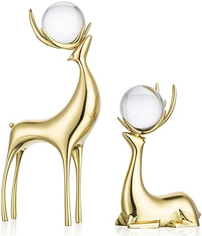 Sziqiqi Reindeer Sculptures Animal Figurine Statues Set of 2, Brass Deer with Crystal Ball Stag Ornaments for Living Room Bedroom Office Table Mantel Christmas Decoration, Gold