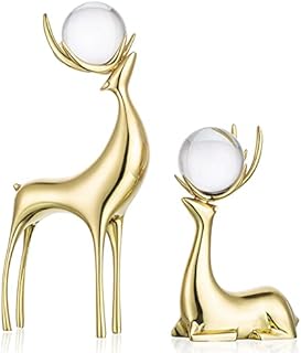 Sziqiqi Reindeer Sculptures Animal Figurine Statues Set of 2, Brass Deer with Crystal Ball Stag Ornaments for Living Room Bedroom Office Table Mantel Christmas Decoration, Gold