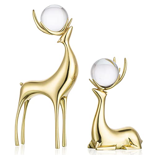 Sziqiqi Statue Di Renne Set Di 2, Natale Statuette Figurine Di Animali, Cervo Sculture In Ottone Con Sfera Di Cristallo Ornamenti Per La Decorazione Domestica Natalizia, Oro