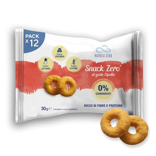 Nuvola Zero - Snack Zero con sabor a cebolla, Snack Proteico Sin Azúcar, Sin Carbohidratos, Sin Lactosa, Sin Gluten, Paquete de 12 unidades. Fabricado en Italia. (12 Porcìones)