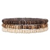 A-yeite Pulseras apilables multicapa de concha de coco y puka, estilo bohemio, vintage, con cuentas de madera, para mujeres y hombres, verano, playa, vacaciones, regalo de joyería, M, Madera Plástico