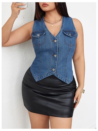 SHENHE Women's Plus Size Denim Vest V Neck Button Down Asymmetrical Y2k Jean Vest Crop Top4