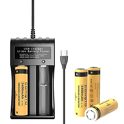Conqto 4 Pack Battery with Smart Universal USB Battery Charger 2 Bay, 3400mAh for 3.7V Flat Top Battery, Rechargeable Battery for Flashlight, Camera, Small Fan, Sound Equipment.