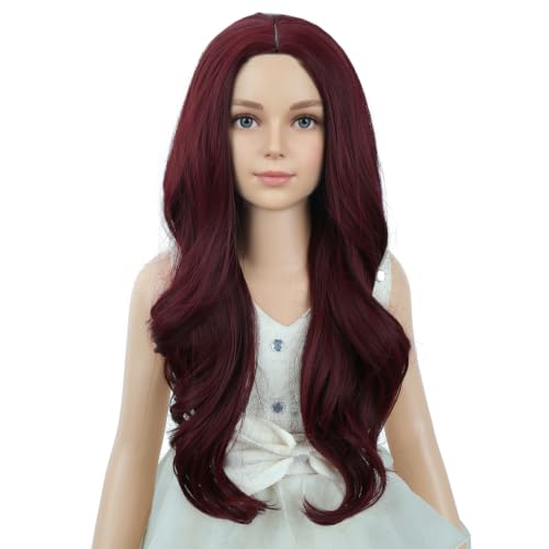 Image of PATTNIUM Wine Red Long Curly Wigs for Kids Girls Burgundy Middle Part Heat Resistant Synthetic Wigs Halloween Cosplay Costume Party Wig