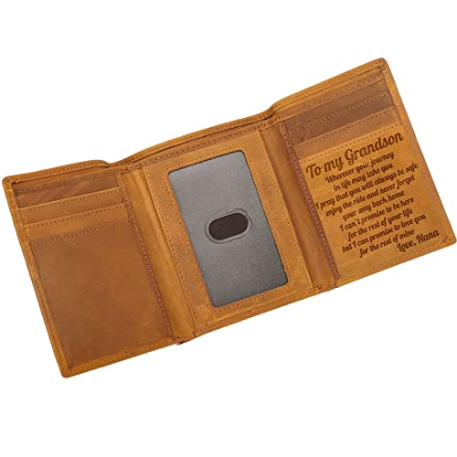 Engraved Leather Wallets for Grandson, Leather Tri-fold Wallet for Men, Gifts To My Grandson from Grandma Nana, Birthday Graduation Wedding Xmas Gifts (Enjoy the Ride from Nana)