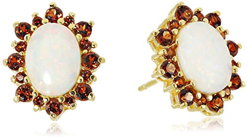 Amazon Collection 18k Yellow Gold Plated Sterling Silver Oval Created White Opal and Genuine Garnet Starburst Halo Stud Earrings