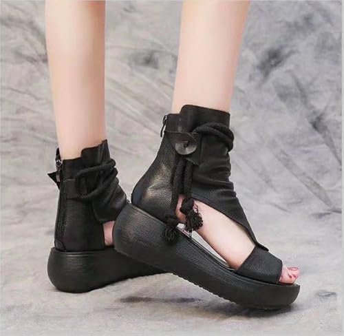 Women's Orthopedic High-Top Sandals Boots Retro Roman Fish Mouth Leather Hollow Chunky Heel Sandal Summer Y2K Walking Shoes4