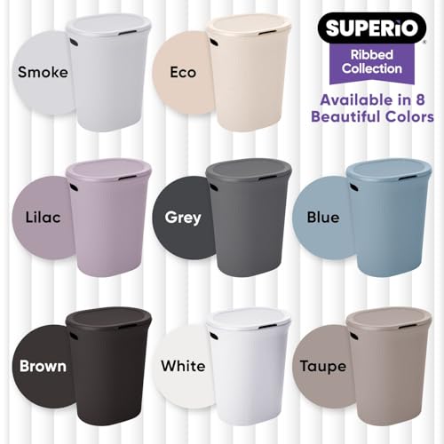 Image of Superio Ribbed Collection - Eco-Friendly Decorative Plastic Laundry Hamper with Lid and Cut-Out Handles, (2 Pack) Basket Organzier for Bedroom Bathroom College Dorm Room 40 Liter