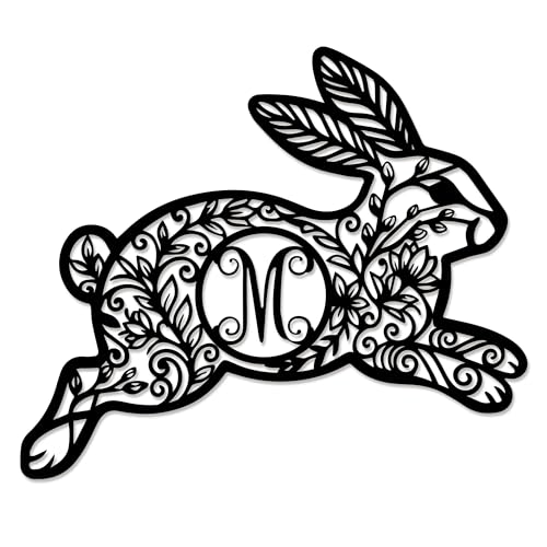 Personalized Easter Bunny Metal Wall Art with Custom Initial, Easter Rabbit Metal Wall Decor with Floral Design, Easter Metal Sign for Front Door, Farmhouse Spring Easter Decoration