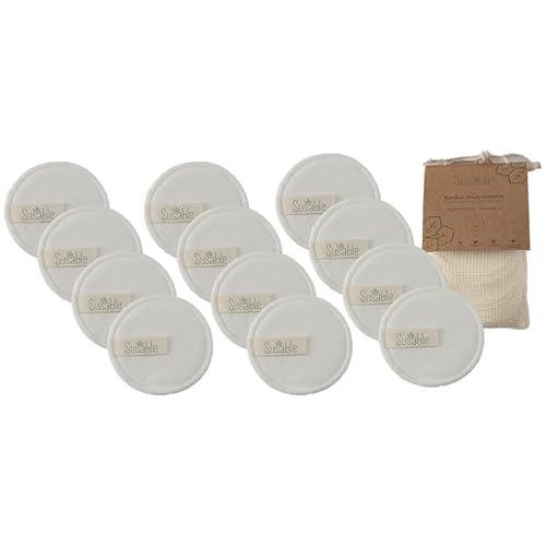 Susable - Lot de 12 pièces en fibre de bambou ronde 8 cm blanc démaquillant / tampon démaquillant lavable 30 % bambou / 70 % coton Cover