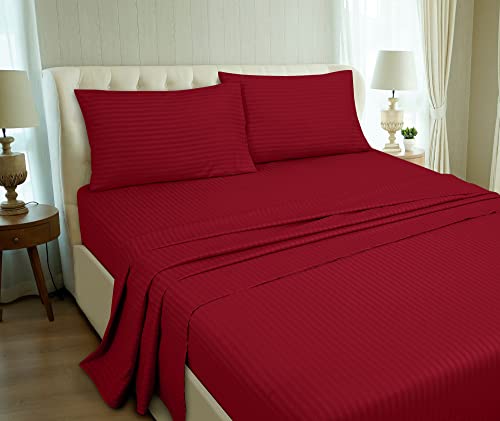 Image of ROYALE LINENS 4 Piece Queen Sheets Set - Soft Brushed Microfiber Bedding - 1 Fitted, 1 Flat Sheet, 2 Pillow Cases - Wrinkle Free & Fade Resistant - Hotel Luxury Bed Sheets (Stripe Burgundy, Queen)
