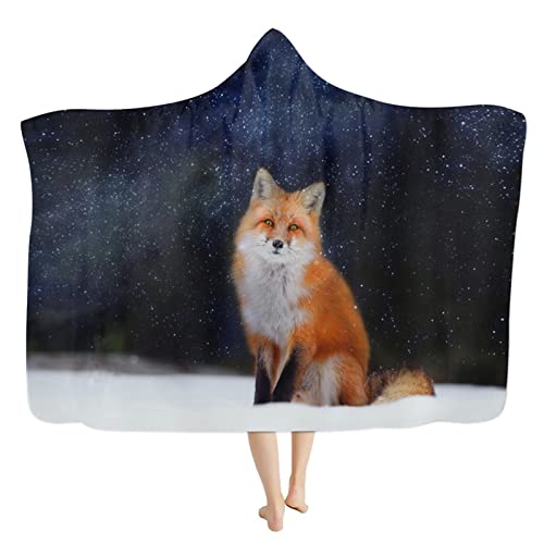 HUGS IDEA Fuchsdecke mit Kapuze, Couch-Überwurf, für Zuhause, Büro, Nickerchen, Decke, marineblau, Schnee, Füchse, Mikrofaser, weich, Größe L
