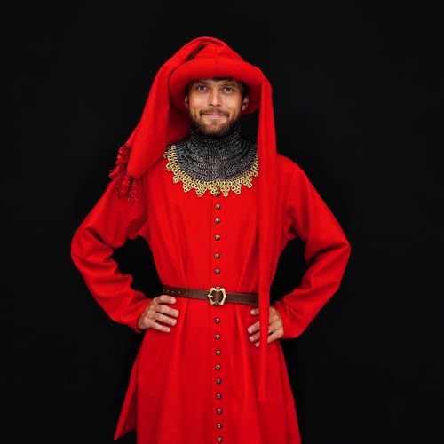 Mythrojan Late Medieval Costume Renaissance Houppelande Gown Woolen Livery Coat for Men and Women, Vintage Halloween Historical Reenactment Cosplay Costume, Red - Medium steampunk buy now online