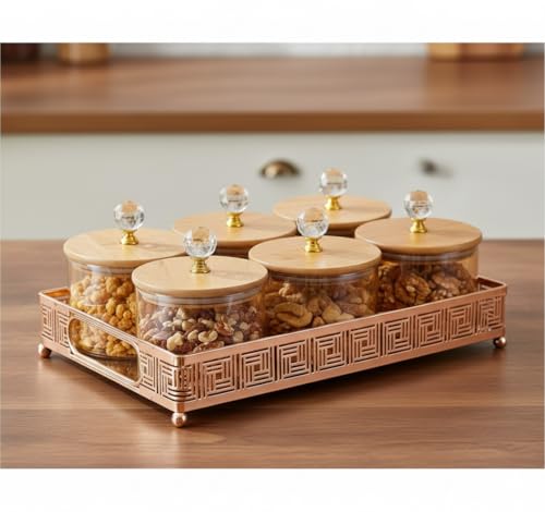 Image of Diwali Serving Dry Fruit, 6 pcs Glass Container Serving Tray Set | 600 ML Each Premium Design Air-Tight Lid Tray Copper Stand Organizer Lid jar