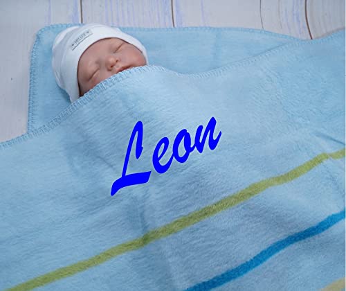 Generisch ★ Babydecke mit Namen und Datum Bestickt ★ 100% Baumwolle ★ Baby Geschenke ★ (Blau - Grün - Beige, 100 x 75 cm)