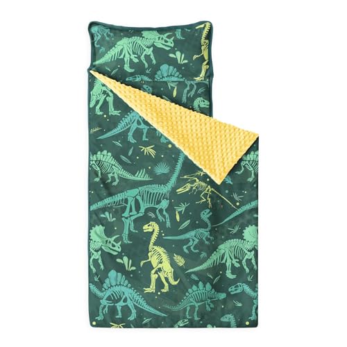 Wake In Cloud - Toddler Nap Mat with Pillow and Minky Fleece Blanket, for Kids Boys in Daycare Preschool Kindergarten, Roll Up Sleeping Bag, Dinosaur Prehistoric Fossil, Forest Green, Standard