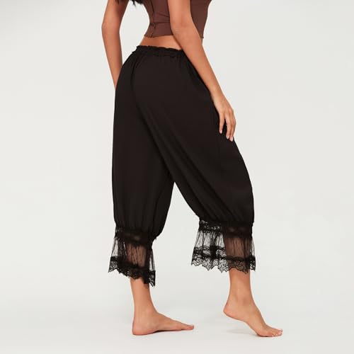 Image of KOSUSANILL Women Long Bloomer Pants Lace Trim Ruffle Pantaloons Cropped Lounge Pajama Bottoms Y2K Capri Pettipants