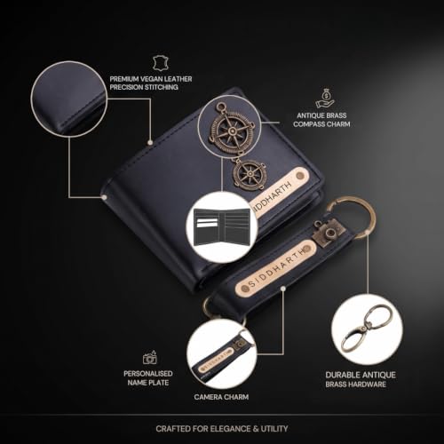 Image of Personalized Name & Charm Leather Wallet & Keychain (Dark Brown) Giftset for Men|Customized Birthday Anniversary Corporate Gift for Man|Gifts for Men|Secret Santa Gifts for Office Staff Dark Grey