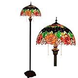 ティファニーフロアランプ[2ライト][16''WX62 ''h]クリスマスホームデコレーションライトアンティークローズスタイルのステンドグラスフロアランプリビングルームベッドルーム廊下用スタンディング読書灯,ピンク
