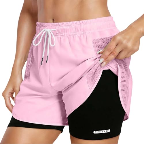 Pantalones Cortos Deportivos 2 En 1 Mujer Verano Pantalones Cortos De Deporte para Mujer con Bolsillo De Verano Mallas Ligero Transpirable Forro Interior Short Running Cintura Alta Jogging Yoga (XL)