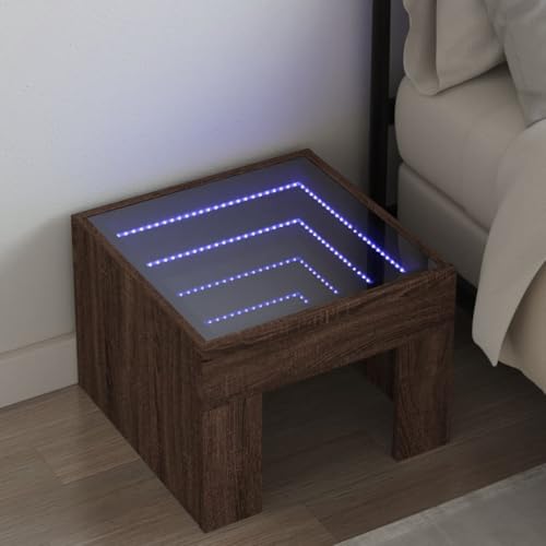 QJBSAVVA Nachttisch mit LED-Infinity-Tiefeneffekt, Braun Eichen-Optik, Holzwerkstoff & Glas, RGB-Beleuchtung, USB-Anschluss, 40x40x30 cm, moderner Beistelltisch für Schlafzimmer und Wohnzimmer