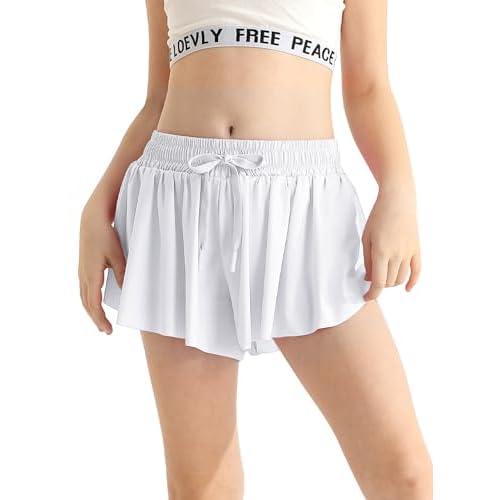 Girls Flowy Athletic Shorts with Pocket Drawstring 2 in 1 Quick Dry Butterfly Skirts for Running, Tennis, Dance 12-13 Years White