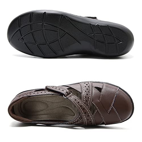 Classic Women's Slip On Loafer Genuine Leather Arch Support Slip Resistant Walking Shoes Ladies Hook And Loop Comfort Soft Work Shoes Coffee Us 9 #TOP3